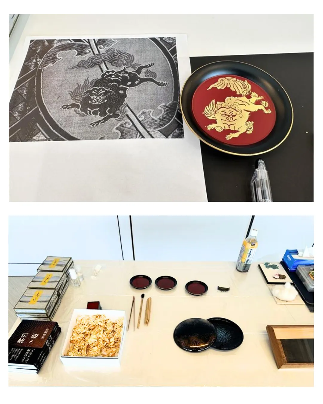 「箔絵皿」制作ワークショップで使われた道具と、完成作品