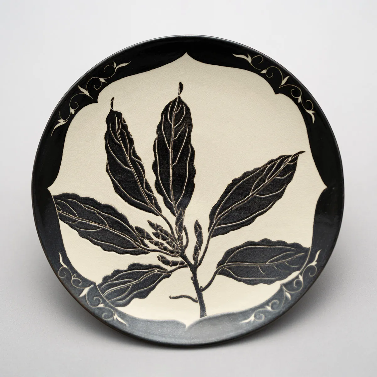 唐津白地黒掻落し葉文皿